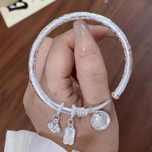 足银999纯银手镯女黄财神平安喜乐实心银镯子新中式国风款