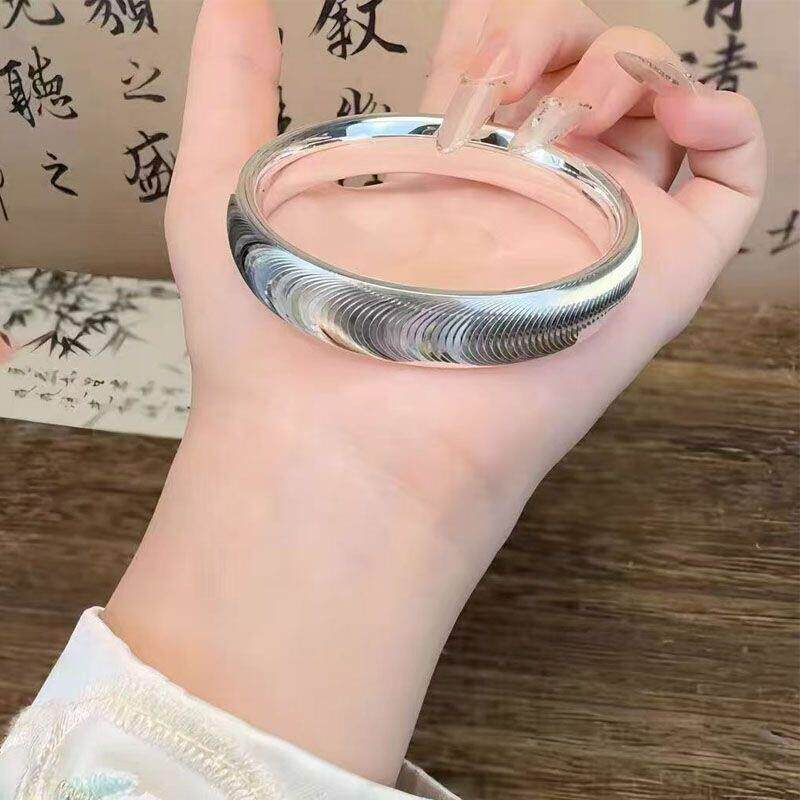 足银9999猫眼宽版闭口手镯女国风新中式拉丝爆闪素圈轮胎镯子纯银
