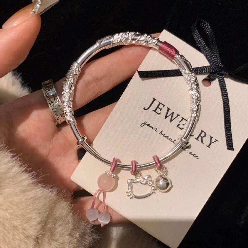 繁花似锦银手镯女Kitty凯蒂纯银少女小众年轻款999足银镯子送女友