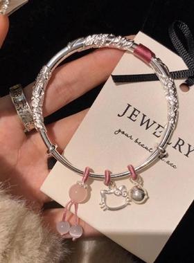 繁花似锦银手镯女Kitty凯蒂纯银少女小众年轻款999足银镯子送女友