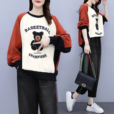 批发韩版休闲运动风超减龄贴布小熊字母印花宽松黄色<b class='q'>T</b><b class='q'>恤</b>卫衣秋季