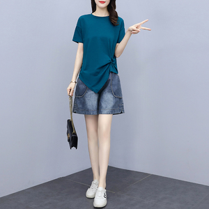 RM10820#T恤不规则夏季薄款上衣牛仔裤女宽松短裤做旧刺绣薄纽扣两件套装