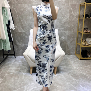 中国风青花瓷印花拼接透视蕾丝立领修身 M码 显瘦开叉旗袍连衣裙
