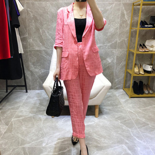 S码 亏本清仓 人丝提花格纹西装领中袖外套+九分裤两件套装