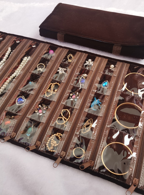 咖啡色绒布卷包珍珠项链黄金手镯耳环挂件戒指收纳袋大容量首饰包