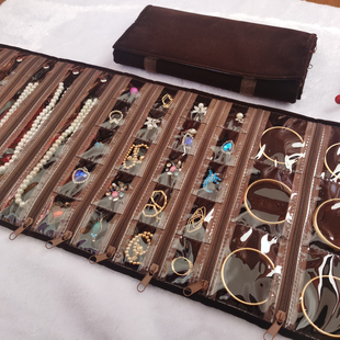 咖啡色绒布卷包珍珠项链黄金手镯耳环挂件戒指收纳袋大容量首饰包