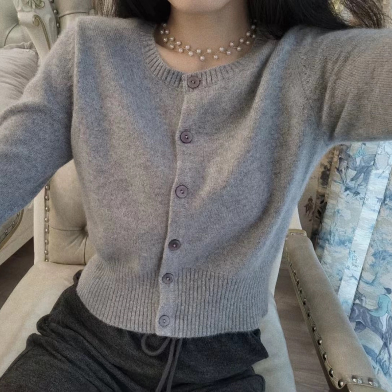 品牌女士100全羊毛简约圆领短款开衫秋冬新款经典纯色减龄百搭外