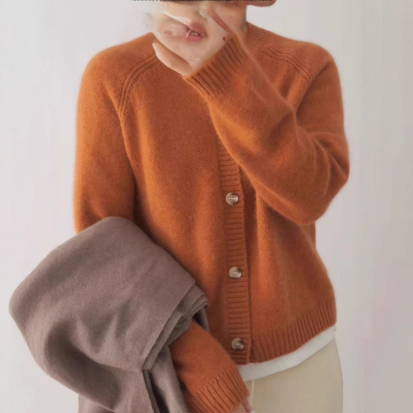 品牌秋冬新款100%纯羊毛开衫女圆领针织外套宽松显瘦毛衣外搭上衣