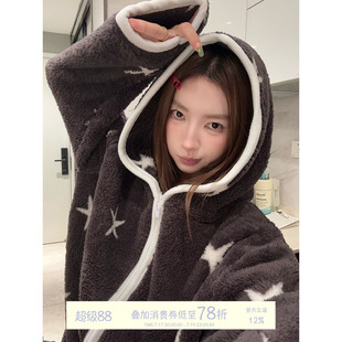 JoyceBra  秋冬珊瑚绒星星印花连帽睡衣女加厚保暖长款家居服睡袍