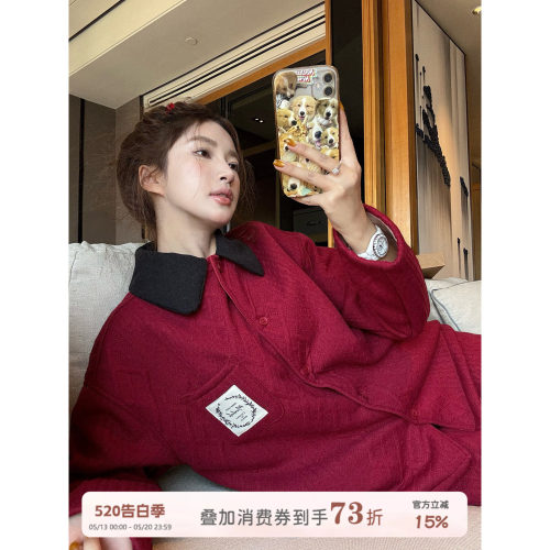 JoyceBra复古菱格翻领红色睡衣