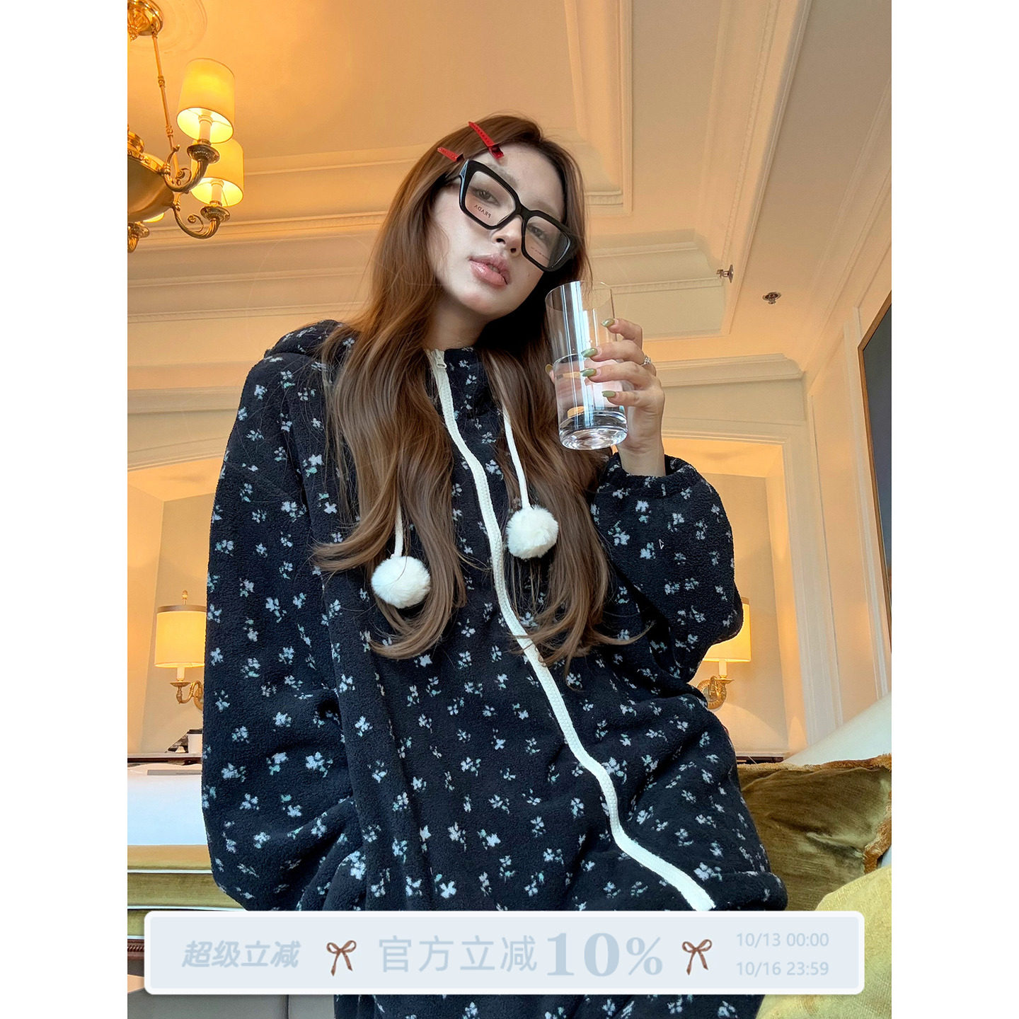 JoyceBra  冬季新款碎花连帽睡衣女加厚保暖珊瑚绒长袖家居服套装