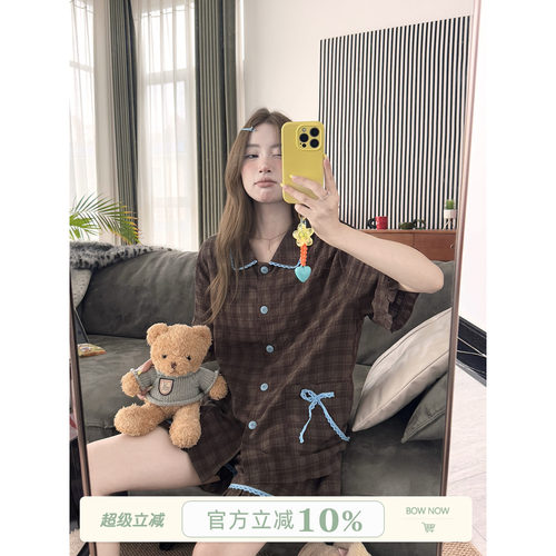 JoyceBra复古撞色蕾丝边格纹睡衣