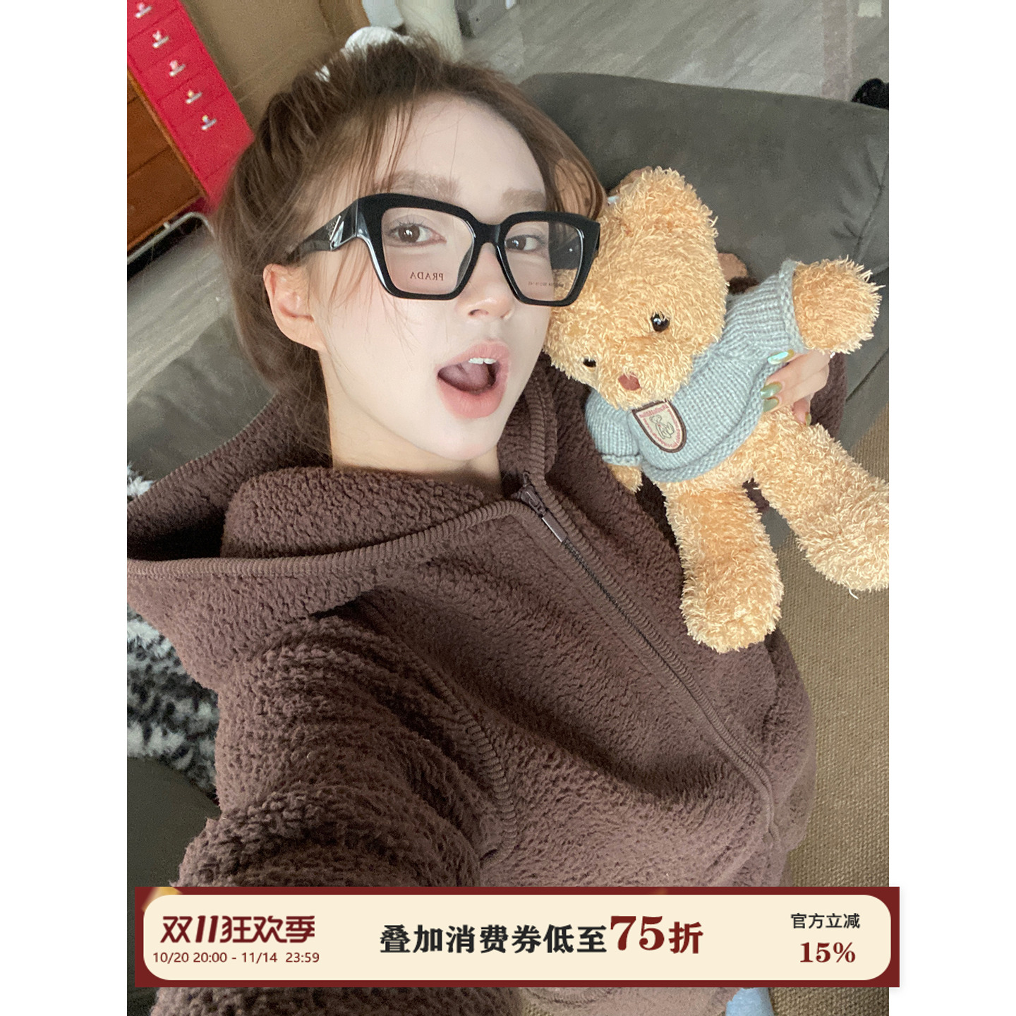 JoyceBra羊羔绒加厚拉链连帽睡衣