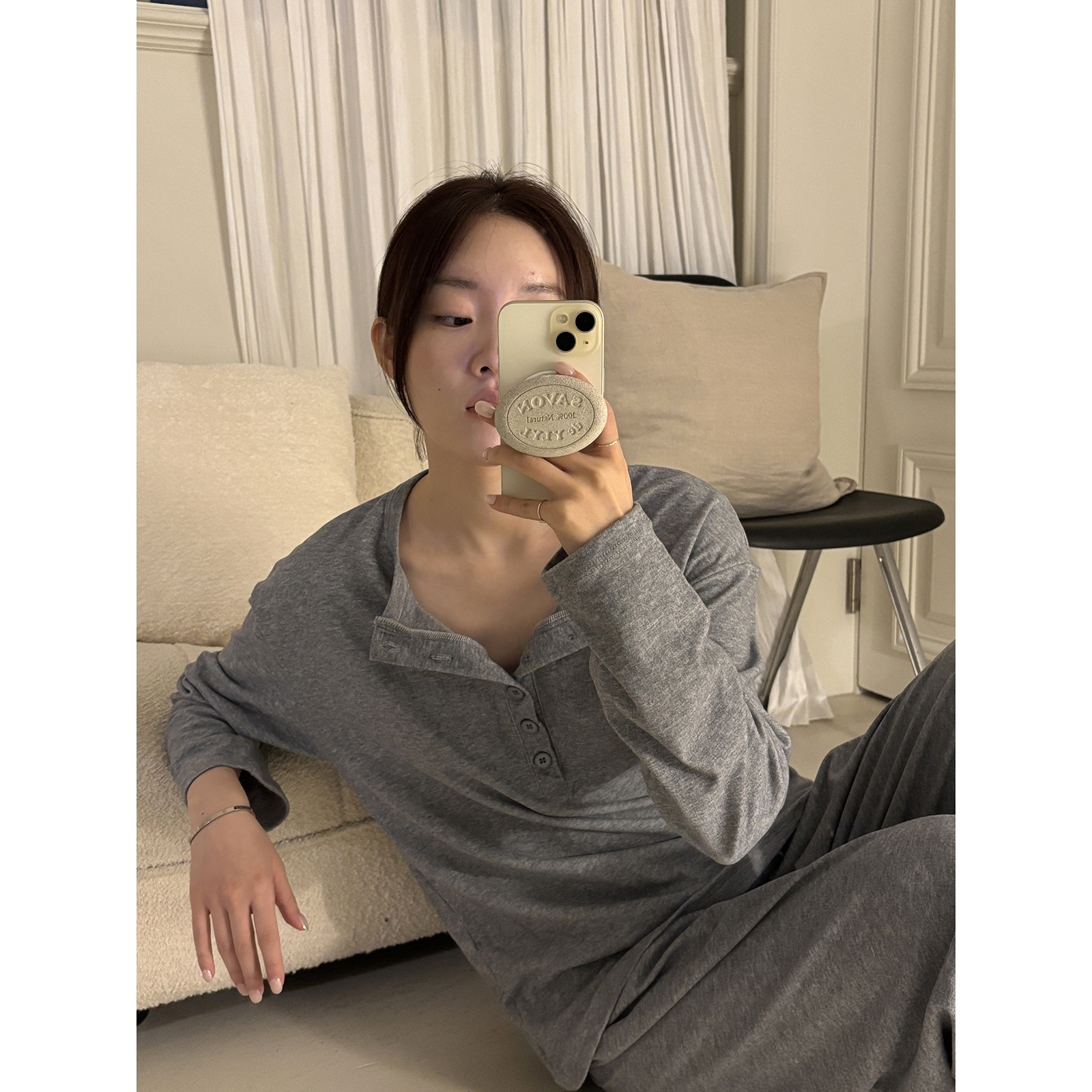 JoyceBra纯色纽扣圆领睡衣