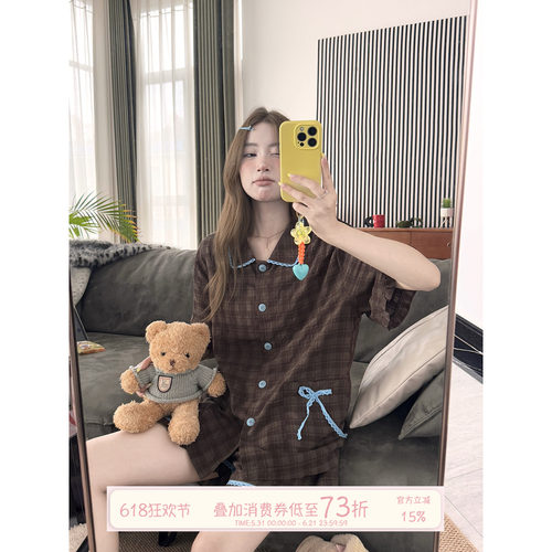 JoyceBra复古撞色蕾丝边格纹睡衣