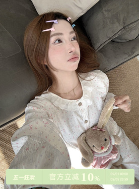 JoyceBra甜美蕾丝花边圆领开衫睡衣女可爱小熊印花春夏家居服套装