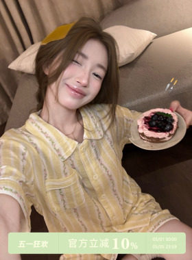 JoyceBra田园风碎花条纹纯棉睡衣女2026夏季可外穿短袖短裤家居服