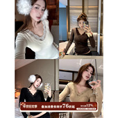 JoyceBra 打底衫 蕾丝边V领带胸垫磨毛保暖内衣女冬季 亲肤内搭长袖