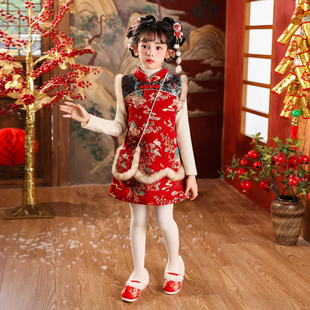 新款女童旗袍中小童冬季喜庆新中式中国风女宝宝加绒加马甲拜年服
