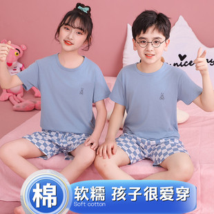 春夏季 短裤 纯棉男童家居服薄款 小中大童短袖 女童夏装 儿童睡衣套装