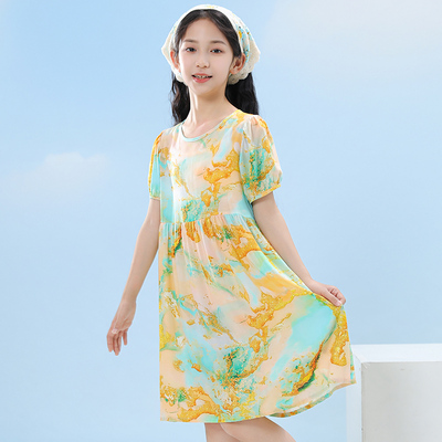 女童连衣裙子棉绸夏季薄款小女孩睡裙可爱洋气夏款公主裙居家睡衣