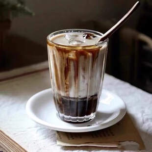 ins咖啡馆复古竖条纹玻璃杯冰美式 咖啡杯拿铁杯拉花杯单品饮料杯