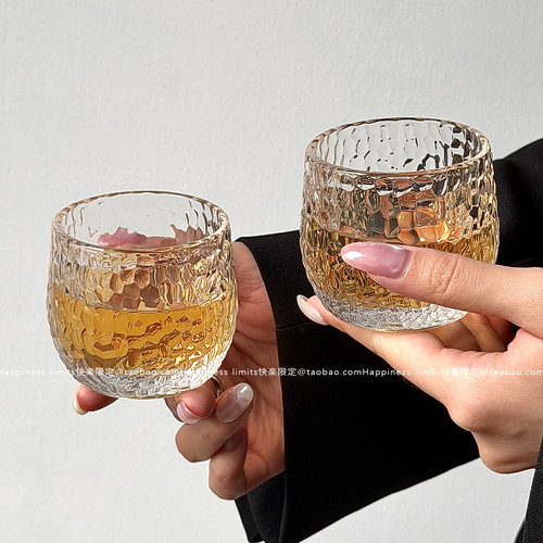 复古加厚玻璃透明茶杯锤纹杯家用功夫茶具套装水杯个性化扳指杯子