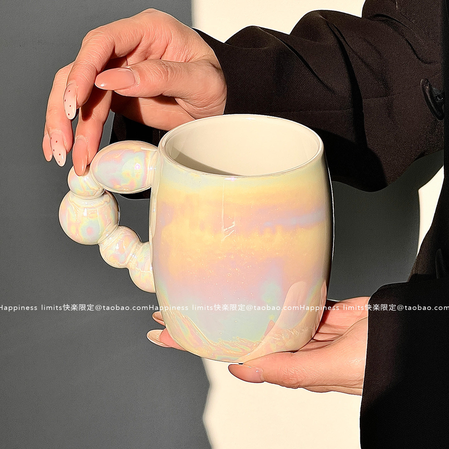 现货ins同款糖葫芦手柄马克杯旋转球手柄咖啡杯珠光色仙女泡泡杯