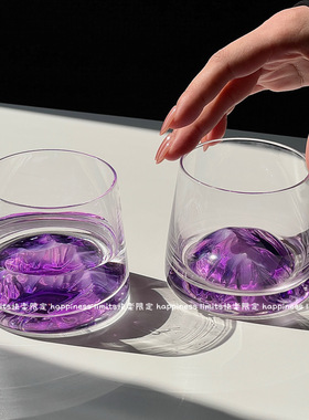 创意复古紫色富士山杯ins风高颜值玻璃观山杯威士忌酒杯饮料杯子