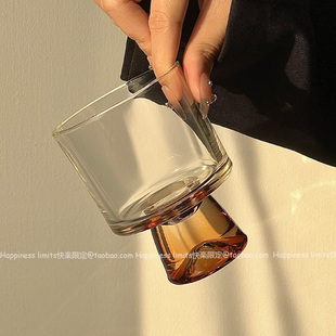 复古琥珀色棕脚矮冰山咖啡杯高脚果汁杯小众设计咖啡杯苏打气泡杯