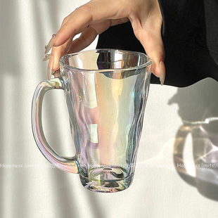 高级感小众不规则带把七彩玻璃杯高颜值啤酒杯果汁杯牛奶杯咖啡杯