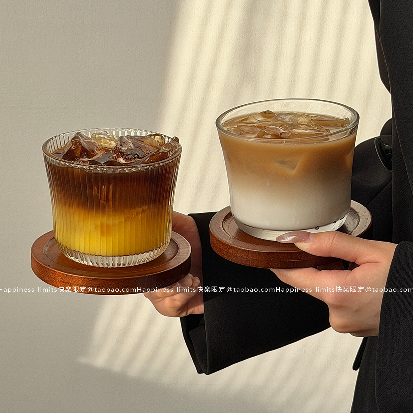 简约ins风透明条纹玻璃杯冰美式拿铁杯家用杯垫冷萃杯果汁杯水杯