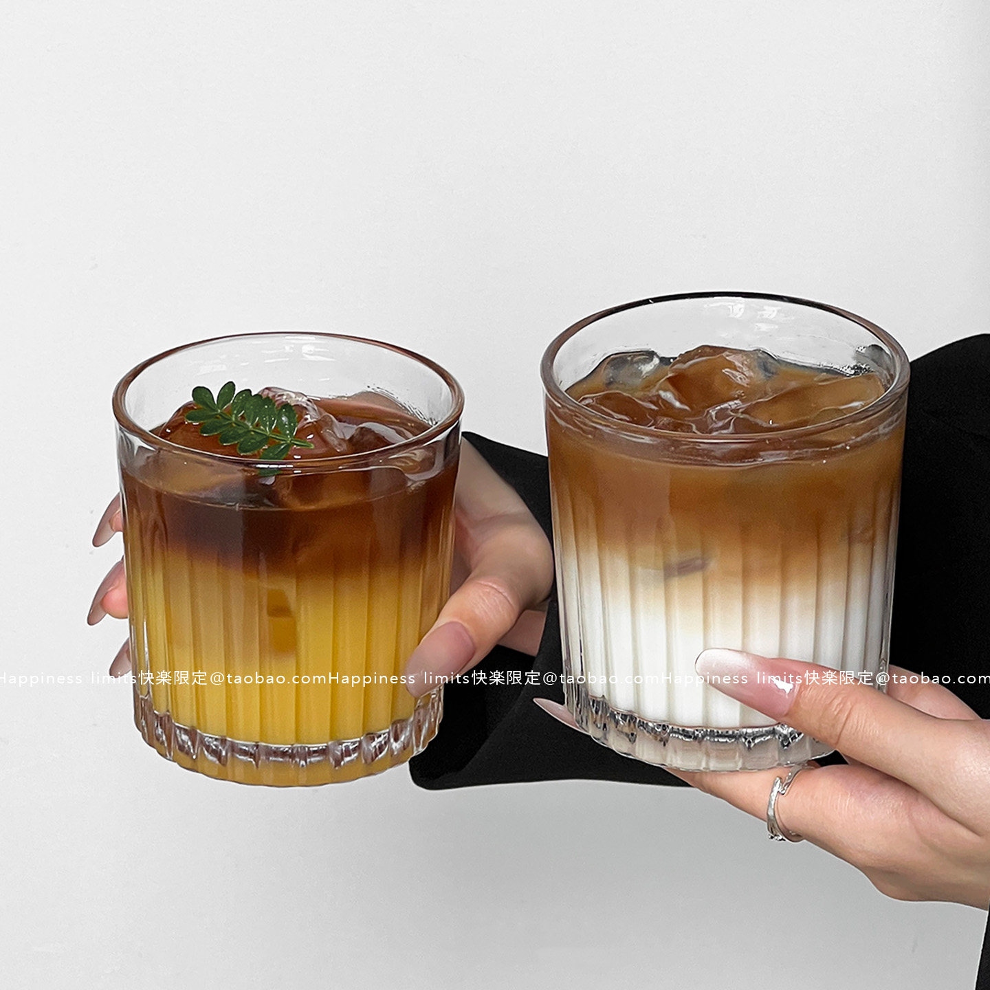 咖啡厅玻璃杯子竖条纹冰拿铁咖啡杯复古卡布杯拉花杯奶茶杯300ml