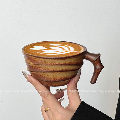 复古粗陶窑变竹节陶瓷马克杯咖啡杯拿铁拉花杯小众水杯中式杯