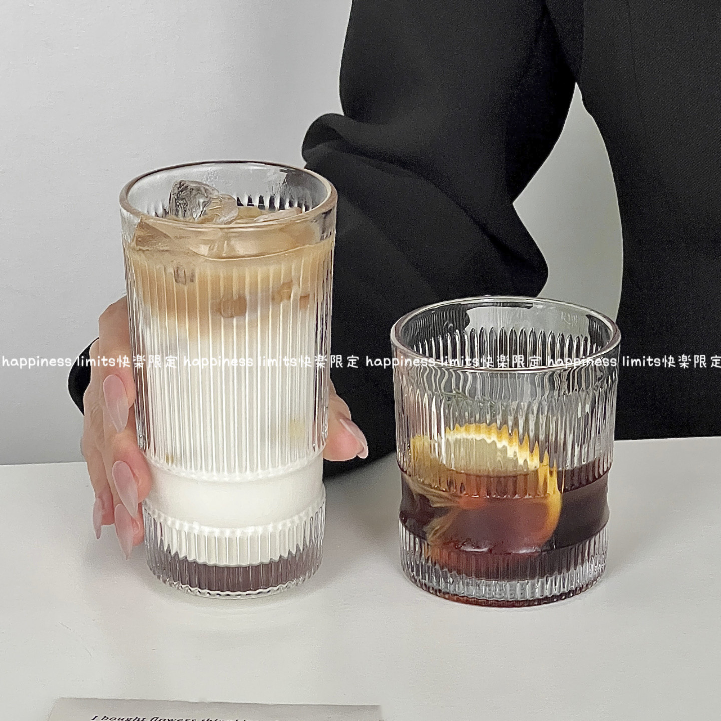 ins风条纹咖啡杯玻璃小众杯夏季冰美式拿铁杯饮料杯果汁杯喝水杯