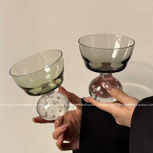 中古杯复古个性 浅绿烟灰气泡珠底座玻璃酒杯手工吹制酒杯鸡尾酒杯