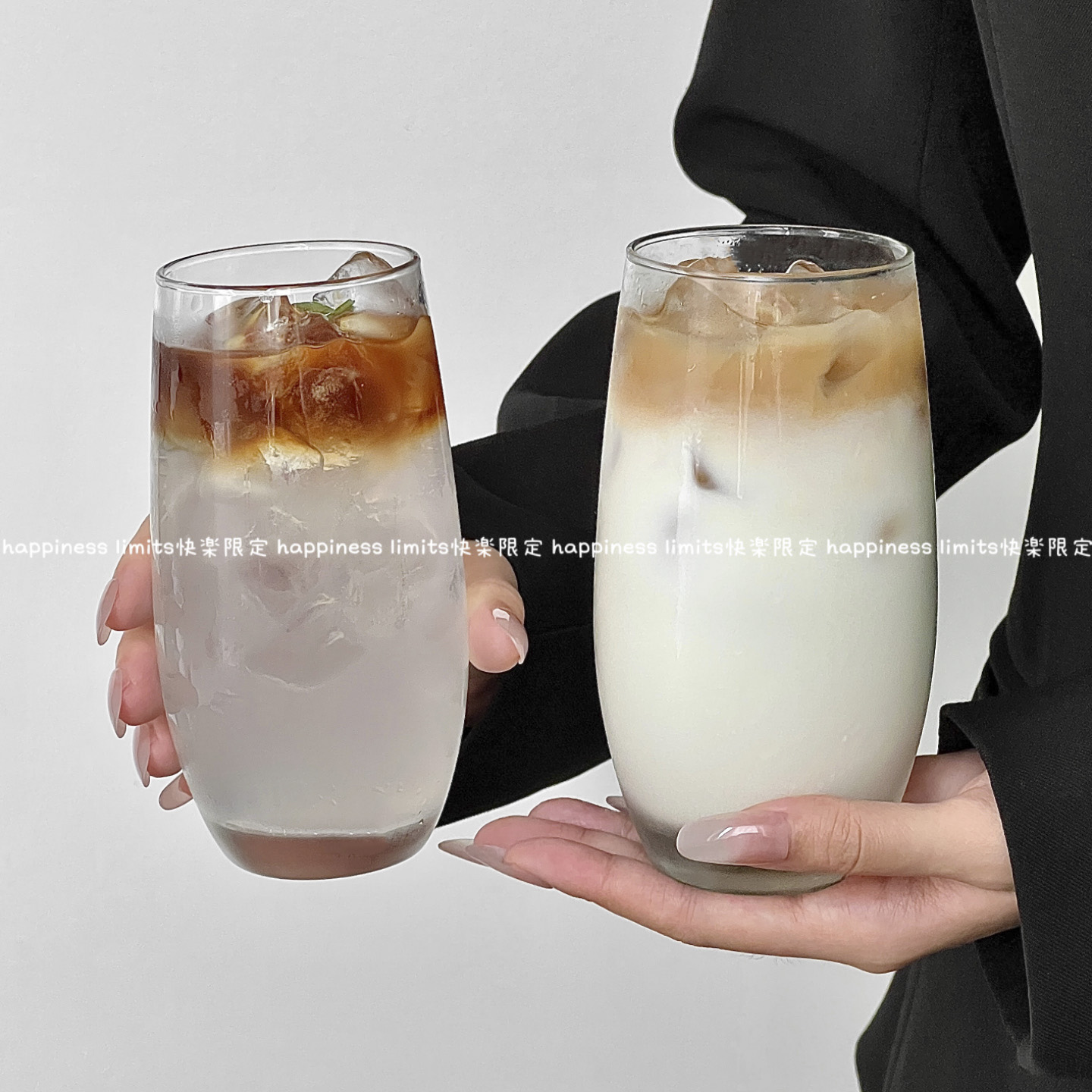 高级感ins风透明玻璃杯家用美式拿铁杯咖啡杯莫吉托杯果茶饮料杯