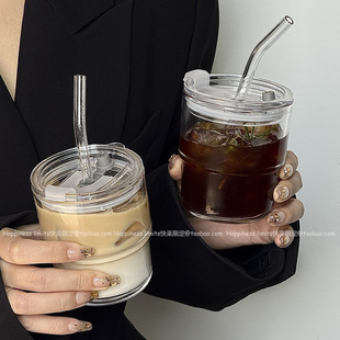 咖啡杯拿铁喝水杯 随行杯冰美式 ins风竹节杯玻璃吸管杯 带盖便携式