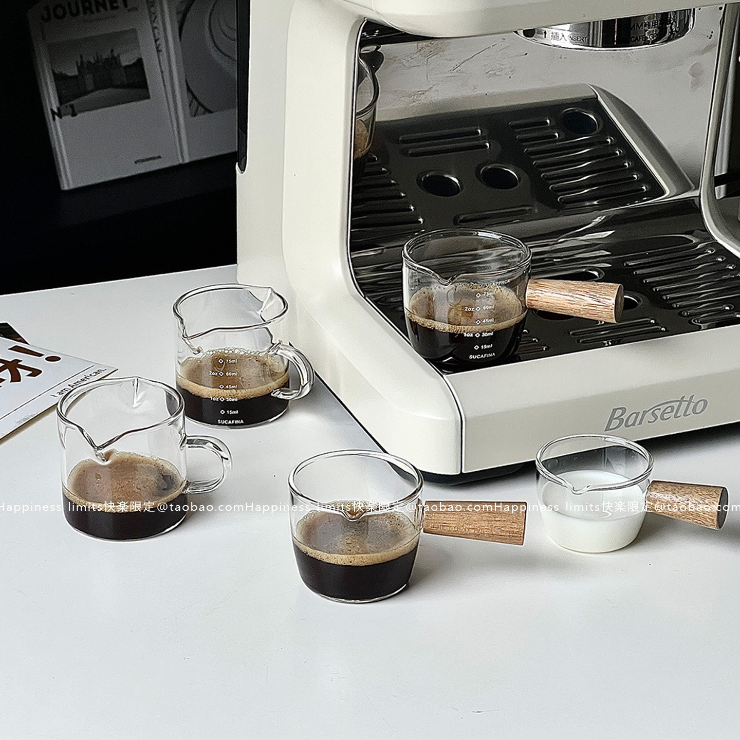 浓缩咖啡小奶盅杯玻璃迷你手柄带把牛奶壶料汁奶缸木柄汁斗倒奶罐