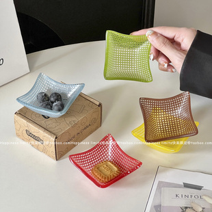 高颜值ins风彩色复古多巴胺方格玻璃花纹迷你家用方形蘸料小碟子