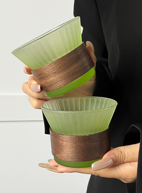 小众渐变绿竖条纹玻璃杯家用防烫喝水杯子高级感轻奢咖啡杯冷饮杯