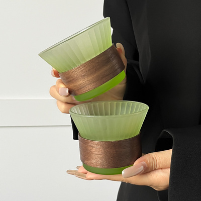 小众渐变绿竖条纹玻璃杯家用防烫