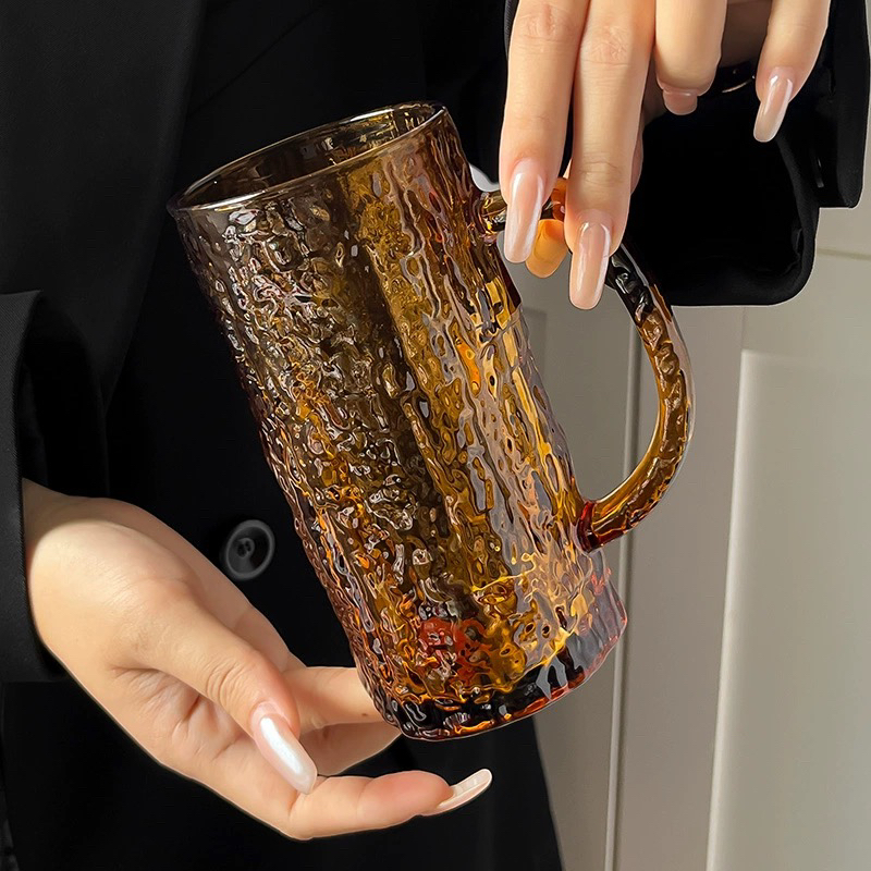 ins琥珀带把手树纹玻璃杯大容量