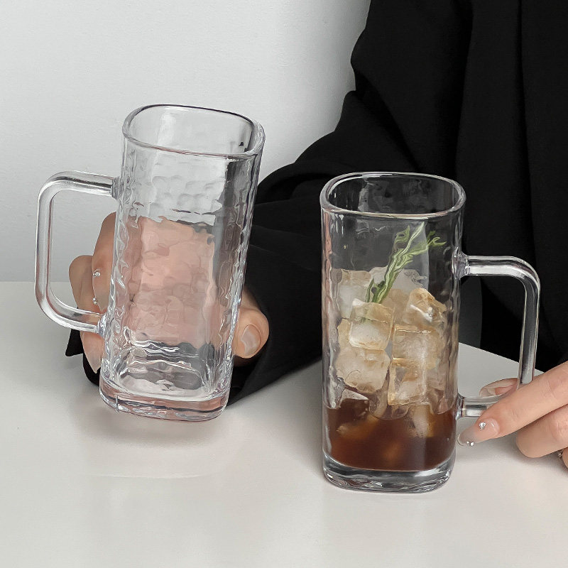 简约风ins玻璃带把锤纹直身方杯