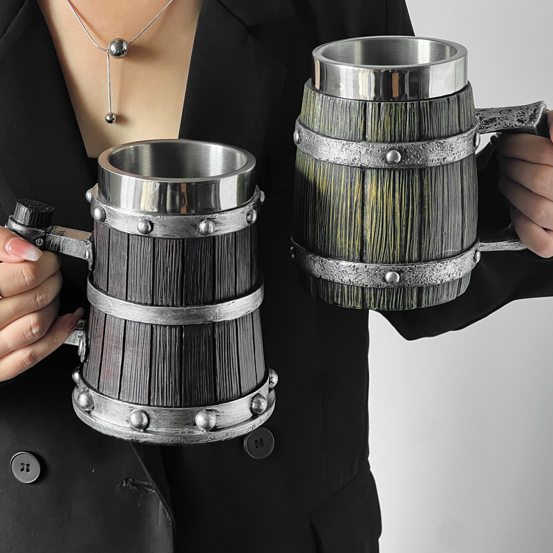 木桶外贸仿真啤酒杯KTV酒吧大容量扎啤杯创意不锈钢水杯果茶杯