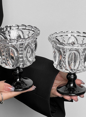 小众轻奢复古黑色水晶冰淇淋高脚杯高颜值浮雕甜品杯家用饮品杯子