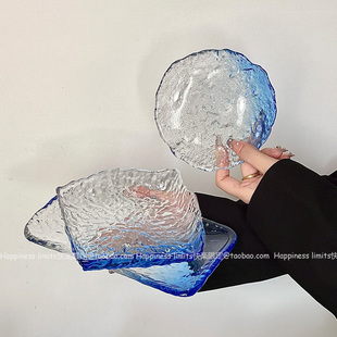 蓝色不规则冰川盘ins风家用精致高级感点心碟水果蛋糕甜品玻璃盘