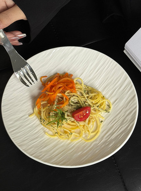 ins风白色岩石纹陶瓷盘子高级圆盘家用高颜值西餐牛排盘沙拉餐盘