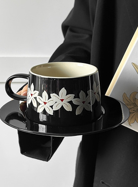 限定复古黑色樱花咖啡杯碟套装中古手作杯陶瓷马克拿铁杯下午茶杯