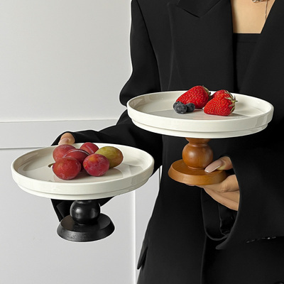 水果盘陶瓷收纳木质高脚托盘